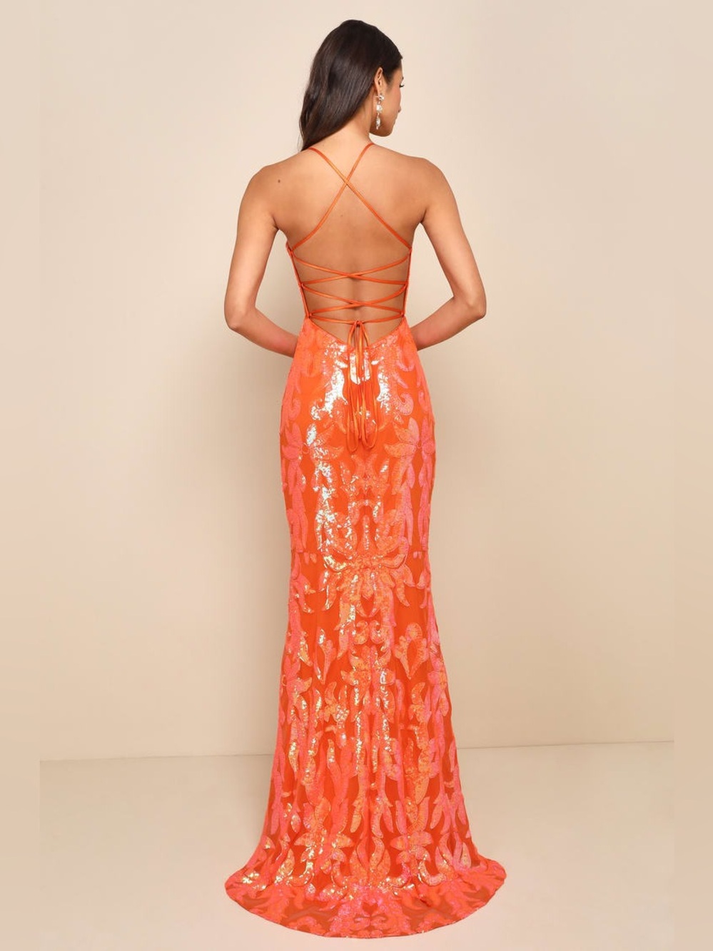 Lulu's Orange Iridescent Sequin Lace Up Maxi Dress Formal Prom Wedding Gown - Picture 2 of 8